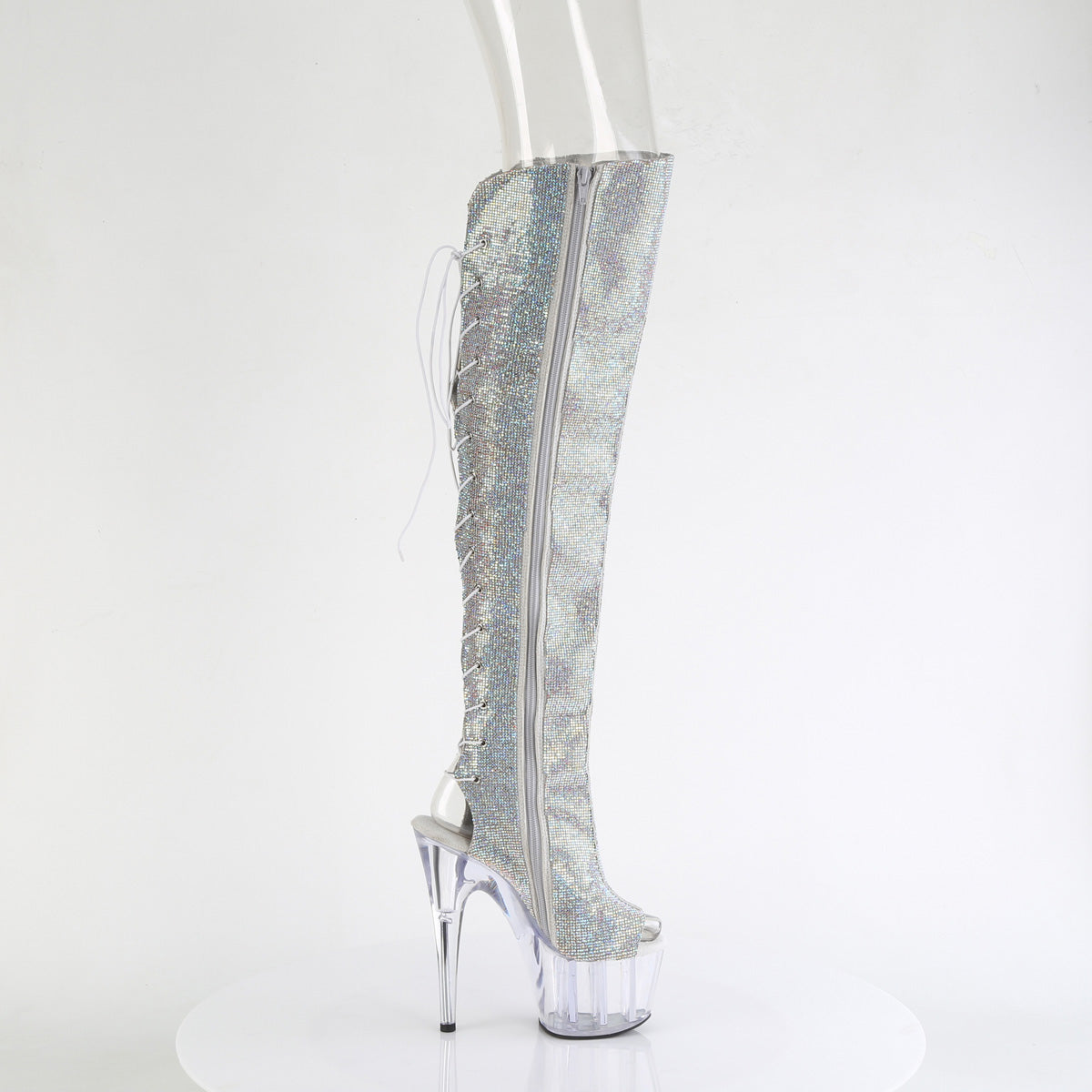 ADORE-3019C-RS 7" Heel, 2 3/4" PF Open Toe/Heel OTK Boot w/RS, Side Zip