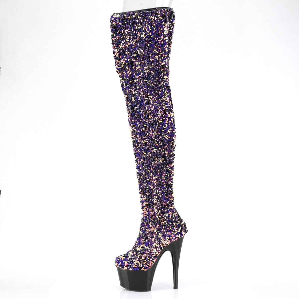 ADORE-3020 *7" Heel, 2 3/4" PF Sequin Thigh High Boot, Inside Zip