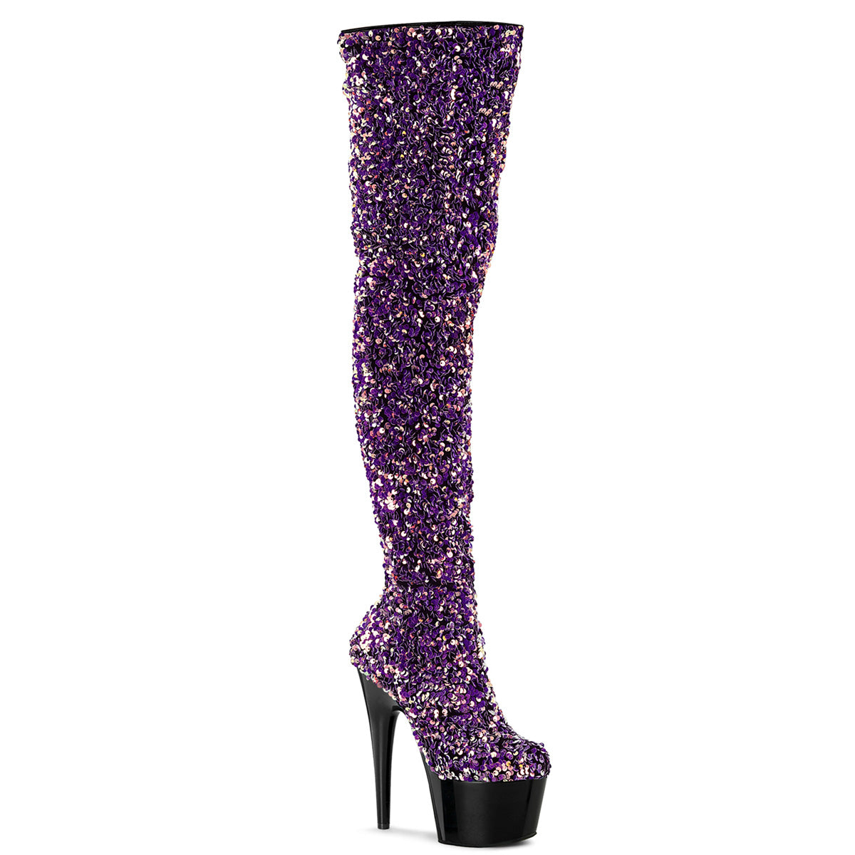 ADORE-3020 *7" Heel, 2 3/4" PF Sequin Thigh High Boot, Inside Zip