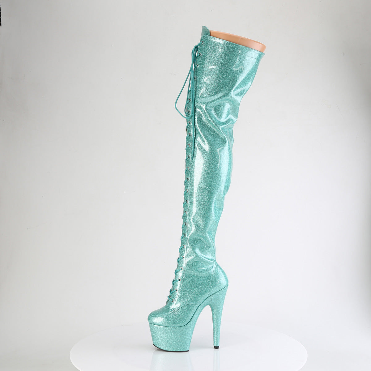 ADORE-3020GP *7" Heel, 2 3/4" PF Lace-Up Stretch Thigh Boot, Side Zip