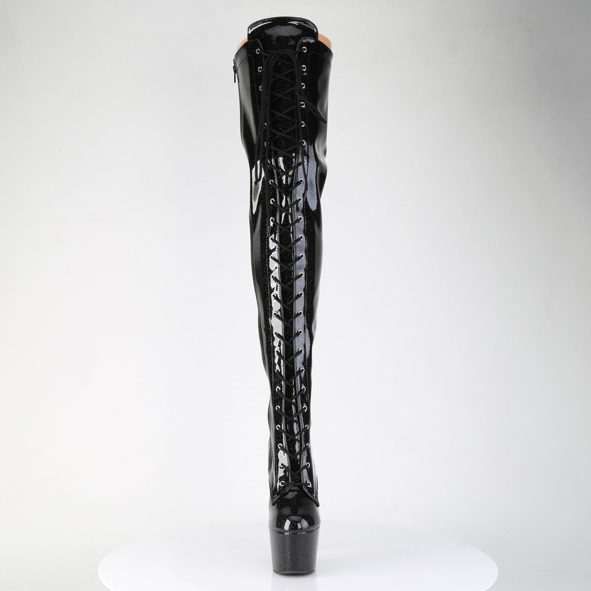 ADORE-3020GP *7" Heel, 2 3/4" PF Lace-Up Stretch Thigh Boot, Side Zip
