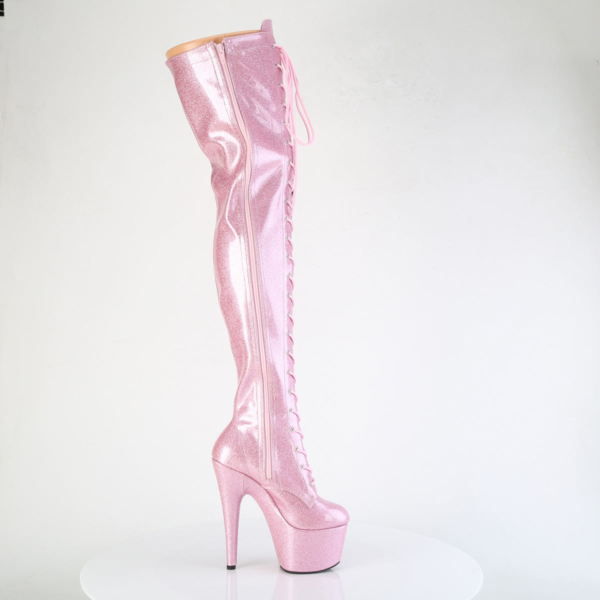 ADORE-3020GP 7" Heel, 2 3/4" PF Lace-Up Stretch Thigh Boot, Side Zip