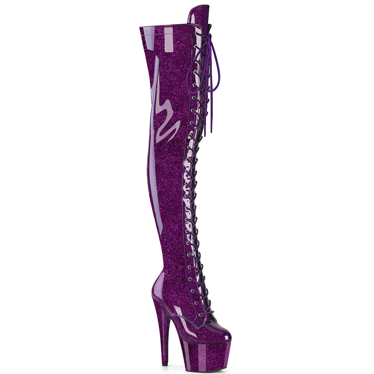 ADORE-3020GP 7" Heel, 2 3/4" PF Lace-Up Stretch Thigh Boot, Side Zip