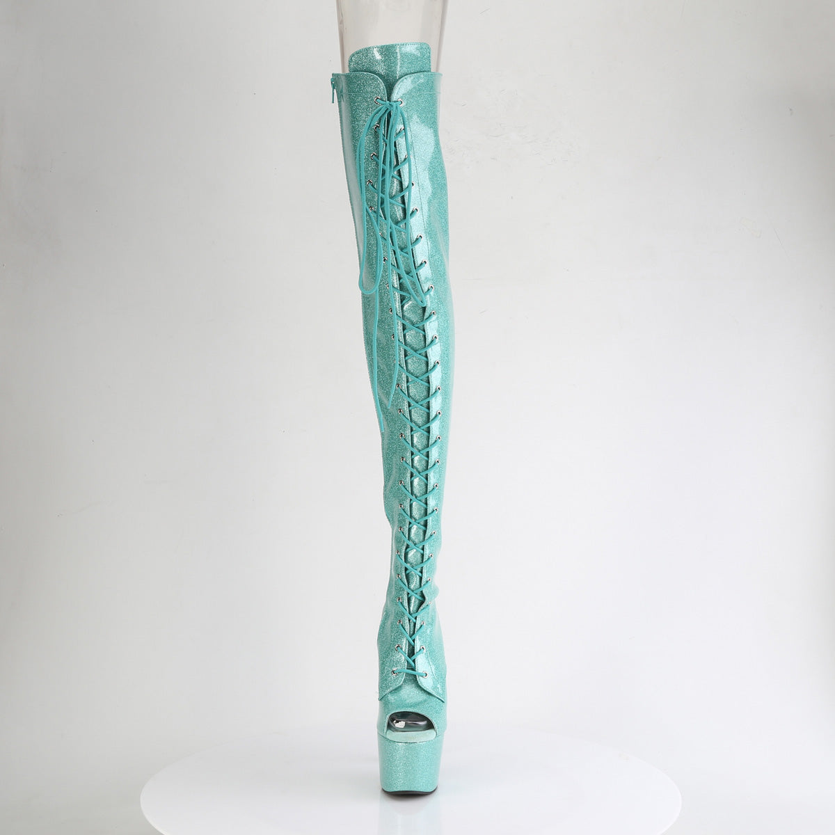 ADORE-3021GP *7" Heel, 2 3/4" PF Peep Toe Lace-Up Thigh Boot, Side Zip