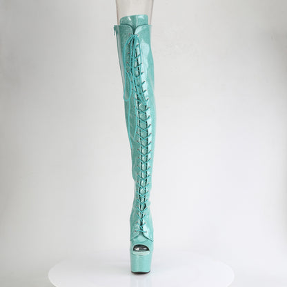 ADORE-3021GP *7" Heel, 2 3/4" PF Peep Toe Lace-Up Thigh Boot, Side Zip