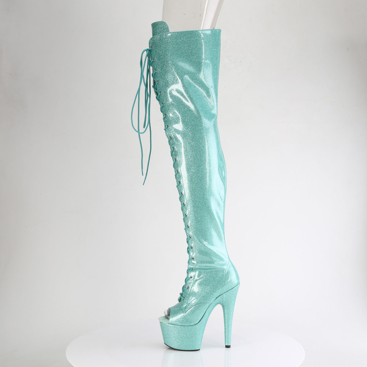 ADORE-3021GP *7" Heel, 2 3/4" PF Peep Toe Lace-Up Thigh Boot, Side Zip