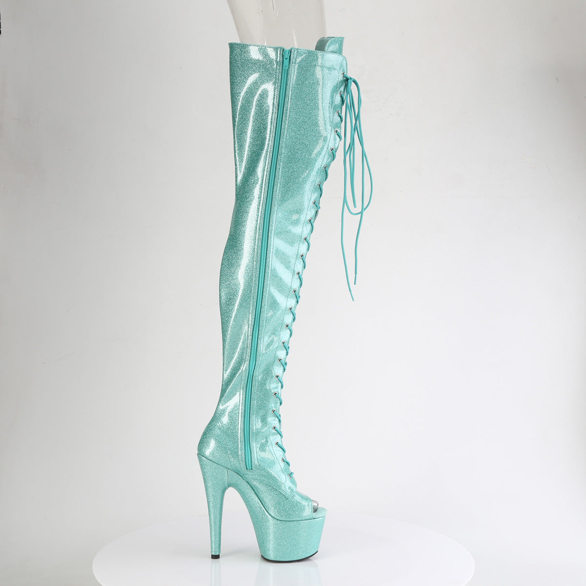 ADORE-3021GP *7" Heel, 2 3/4" PF Peep Toe Lace-Up Thigh Boot, Side Zip