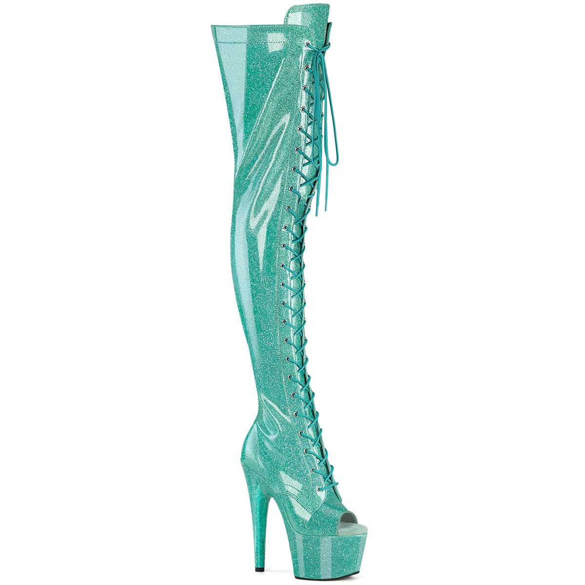 ADORE-3021GP *7" Heel, 2 3/4" PF Peep Toe Lace-Up Thigh Boot, Side Zip