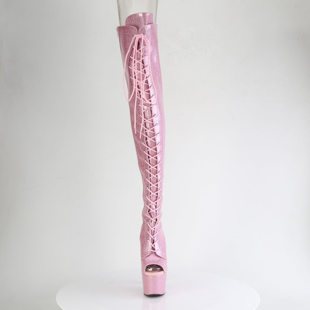 ADORE-3021GP 7" Heel, 2 3/4" PF Peep Toe Lace-Up Thigh Boot, Side Zip