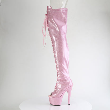 ADORE-3021GP 7" Heel, 2 3/4" PF Peep Toe Lace-Up Thigh Boot, Side Zip