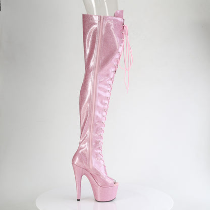 ADORE-3021GP 7" Heel, 2 3/4" PF Peep Toe Lace-Up Thigh Boot, Side Zip