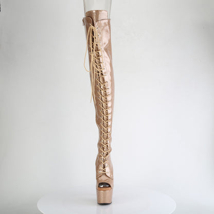 ADORE-3021GP 7" Heel, 2 3/4" PF Peep Toe Lace-Up Thigh Boot, Side Zip