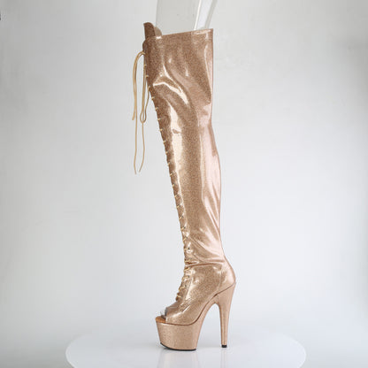 ADORE-3021GP 7" Heel, 2 3/4" PF Peep Toe Lace-Up Thigh Boot, Side Zip