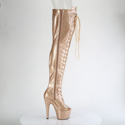 ADORE-3021GP 7" Heel, 2 3/4" PF Peep Toe Lace-Up Thigh Boot, Side Zip