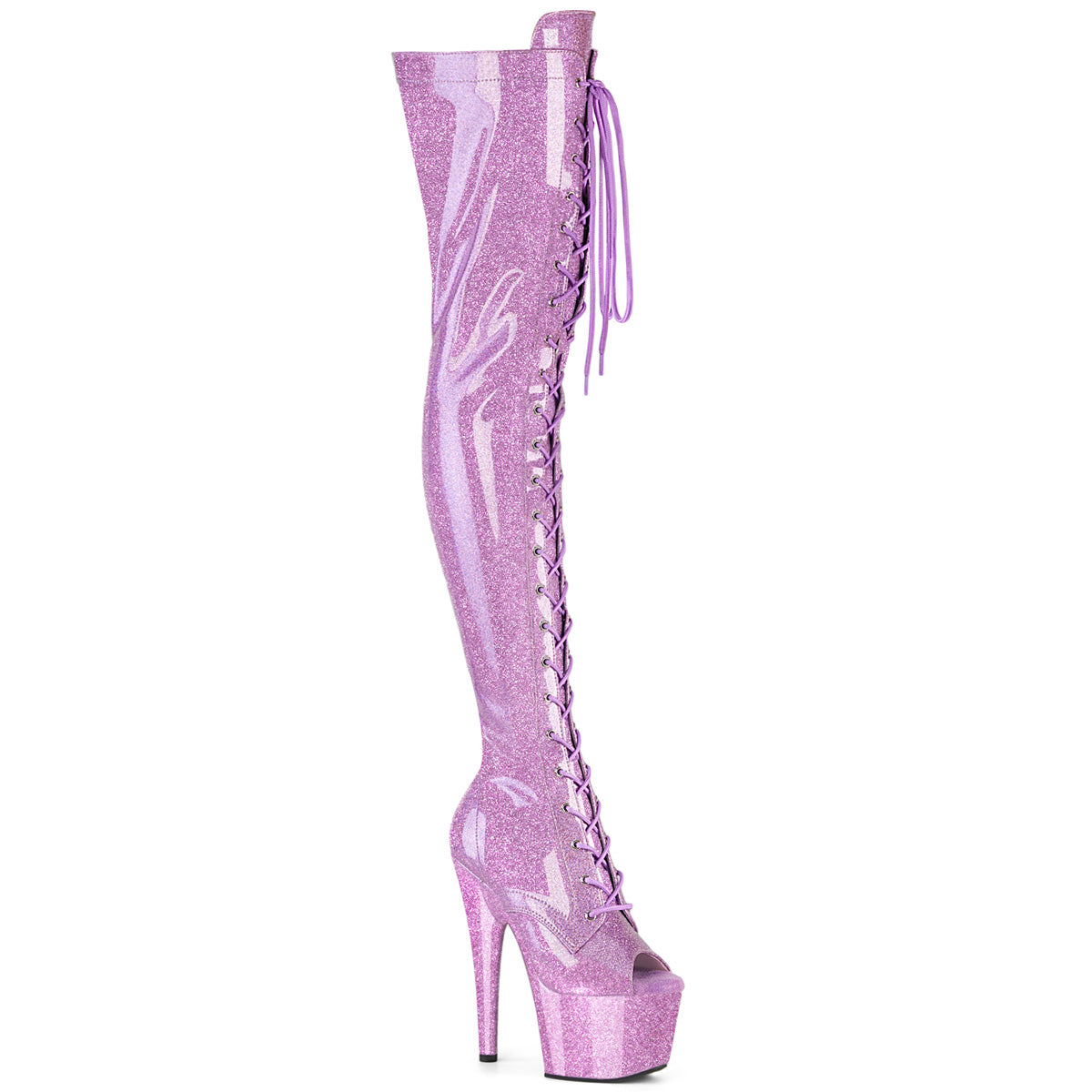 ADORE-3021GP 7" Heel, 2 3/4" PF Peep Toe Lace-Up Thigh Boot, Side Zip