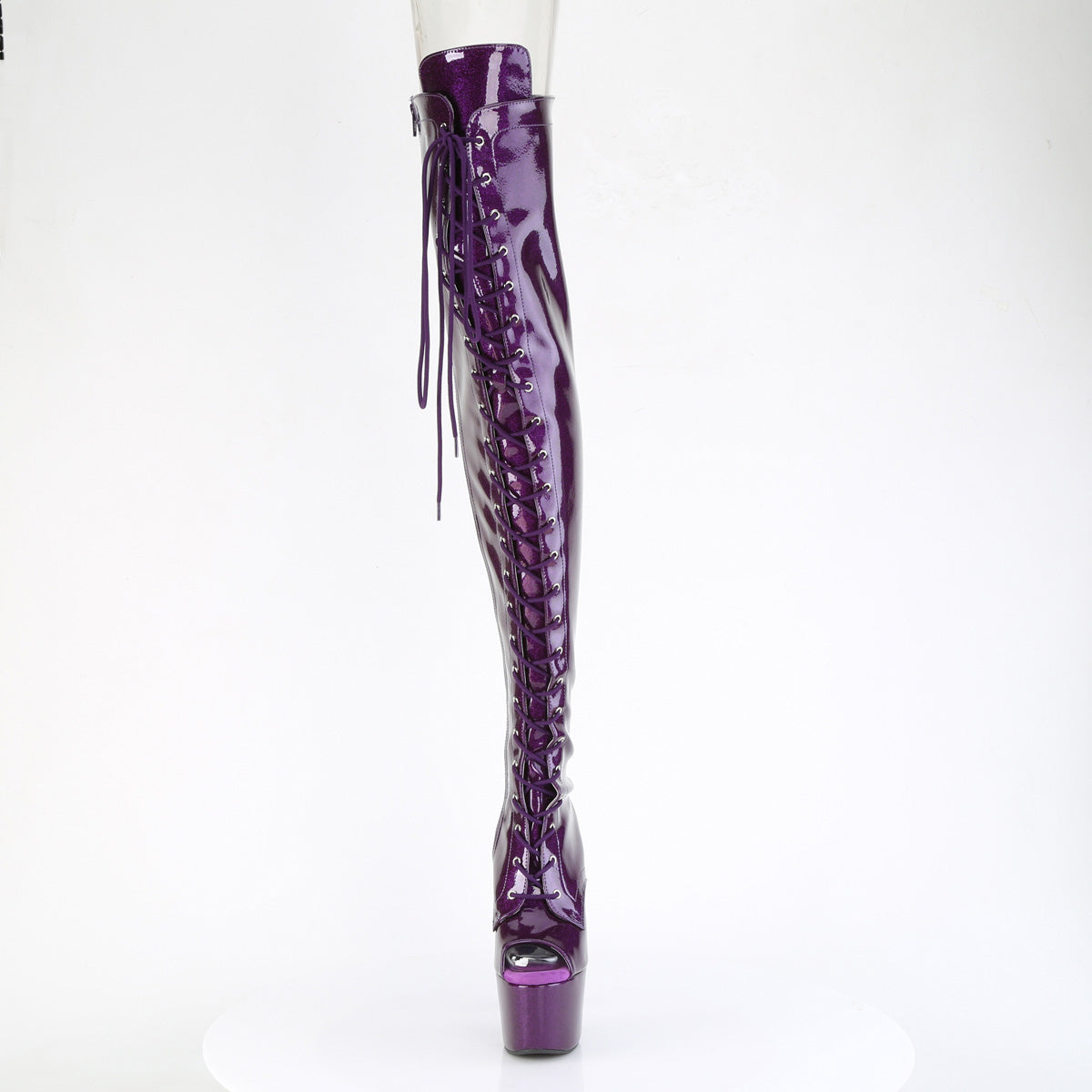 ADORE-3021GP 7" Heel, 2 3/4" PF Peep Toe Lace-Up Thigh Boot, Side Zip