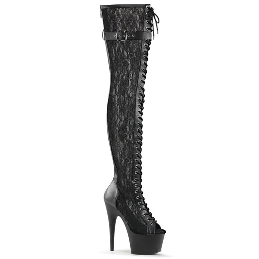 ADORE-3025ML *7" Heel, 2 3/4" PF Peep Toe Lace-up Thigh Boot, Back Zip