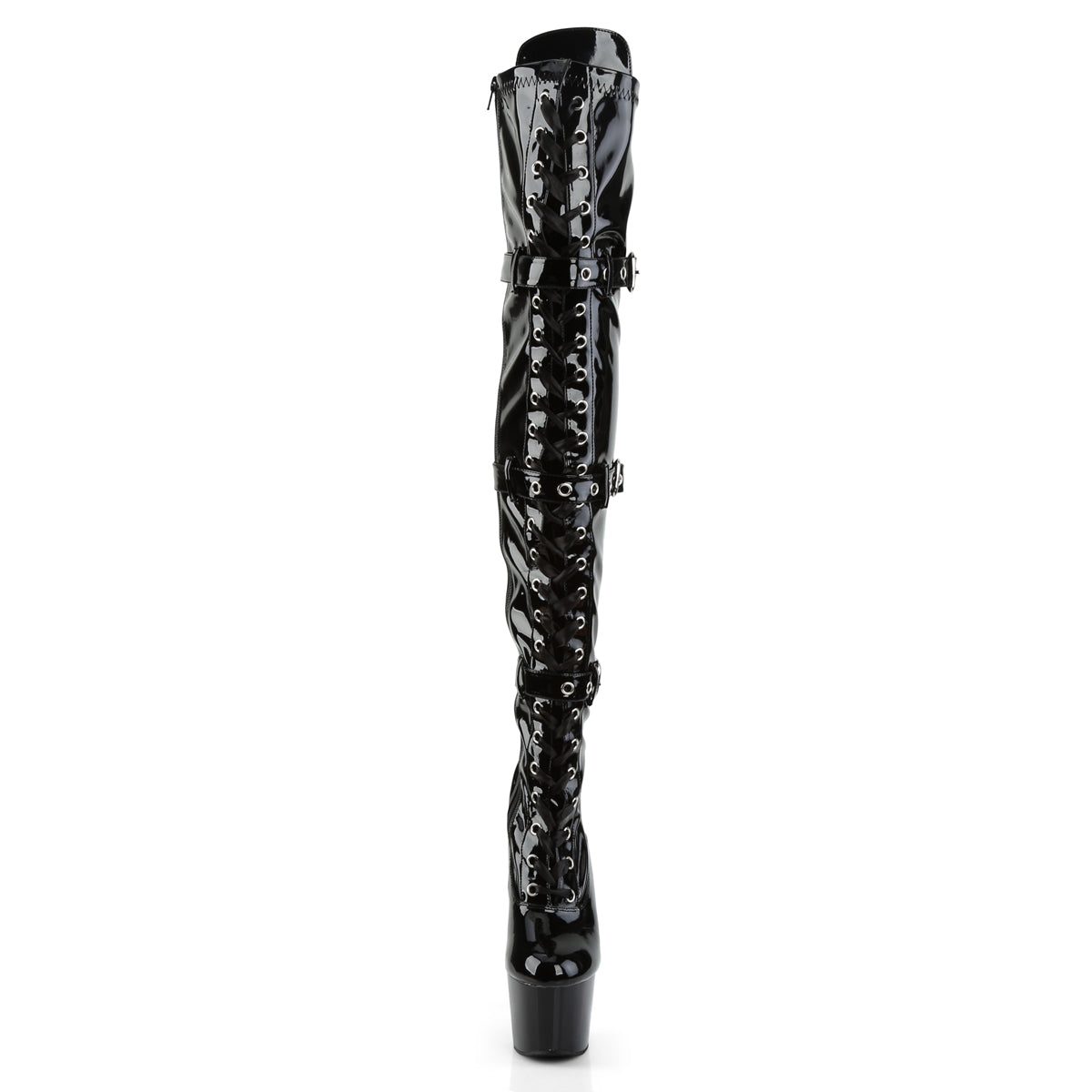 ADORE-3028 7" Heel, 2 3/4" PF Laceup Triple-Buckle Thigh Boot, Side Zip