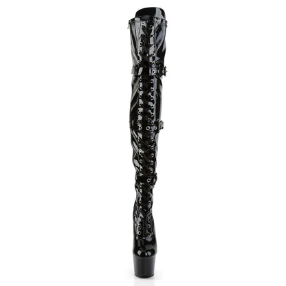ADORE-3028 7" Heel, 2 3/4" PF Laceup Triple-Buckle Thigh Boot, Side Zip