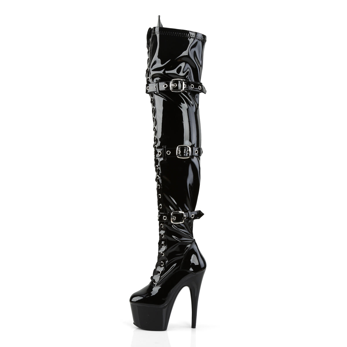 ADORE-3028 7" Heel, 2 3/4" PF Laceup Triple-Buckle Thigh Boot, Side Zip