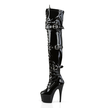 ADORE-3028 7" Heel, 2 3/4" PF Laceup Triple-Buckle Thigh Boot, Side Zip