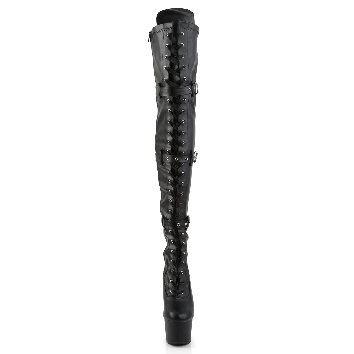 ADORE-3028 7" Heel, 2 3/4" PF Laceup Triple-Buckle Thigh Boot, Side Zip