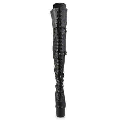 ADORE-3028 7" Heel, 2 3/4" PF Laceup Triple-Buckle Thigh Boot, Side Zip