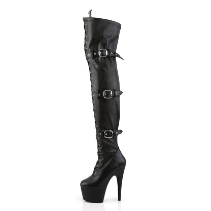 ADORE-3028 7" Heel, 2 3/4" PF Laceup Triple-Buckle Thigh Boot, Side Zip