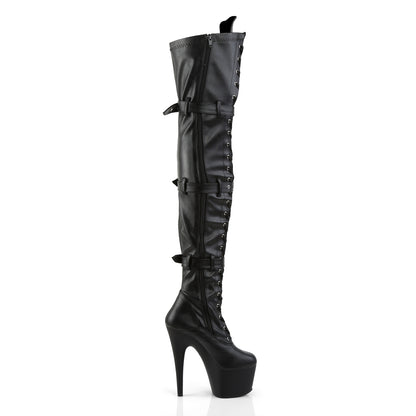 ADORE-3028 7" Heel, 2 3/4" PF Laceup Triple-Buckle Thigh Boot, Side Zip