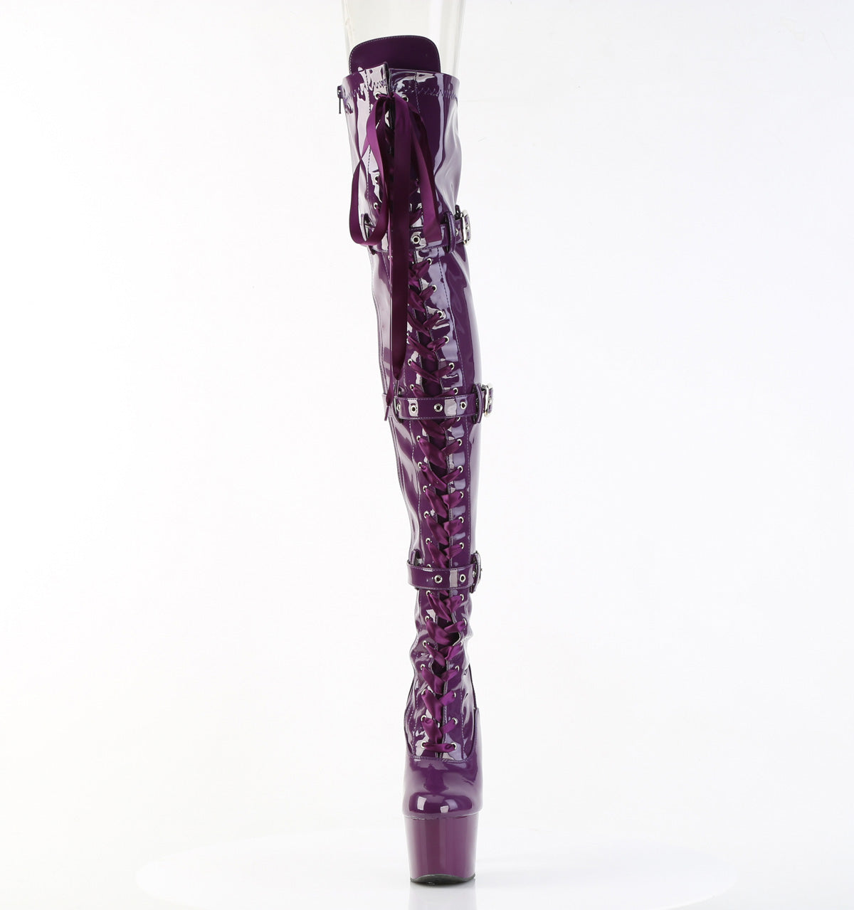 ADORE-3028 7" Heel, 2 3/4" PF Laceup Triple-Buckle Thigh Boot, Side Zip