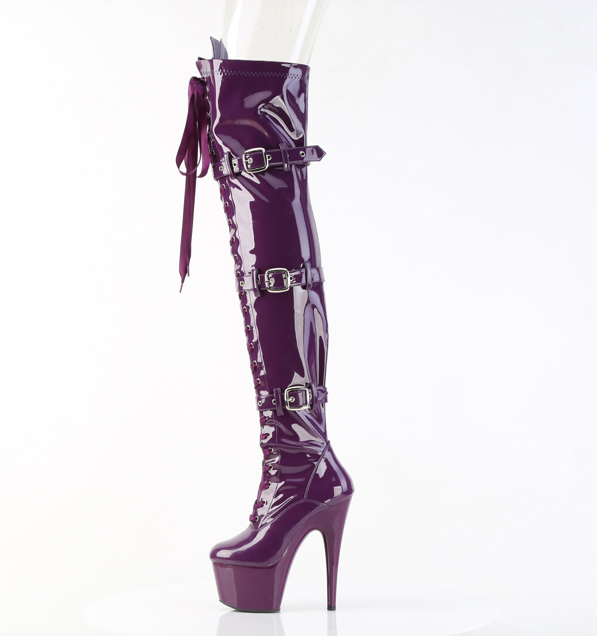 ADORE-3028 7" Heel, 2 3/4" PF Laceup Triple-Buckle Thigh Boot, Side Zip
