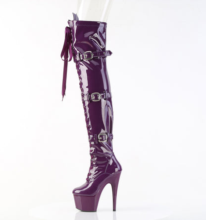 ADORE-3028 7" Heel, 2 3/4" PF Laceup Triple-Buckle Thigh Boot, Side Zip