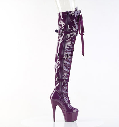 ADORE-3028 7" Heel, 2 3/4" PF Laceup Triple-Buckle Thigh Boot, Side Zip