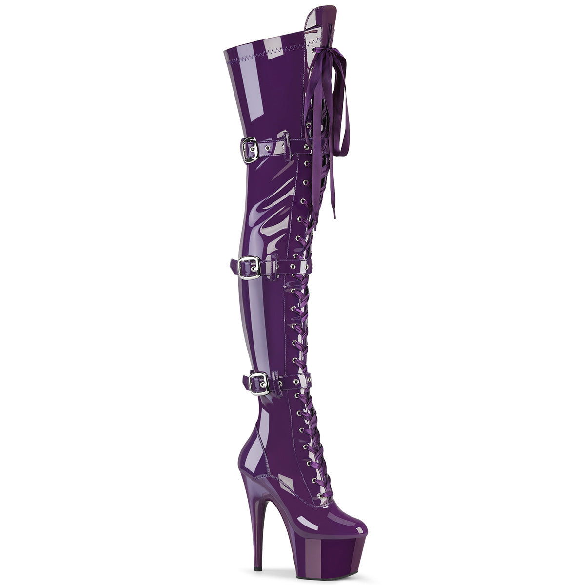 ADORE-3028 7" Heel, 2 3/4" PF Laceup Triple-Buckle Thigh Boot, Side Zip