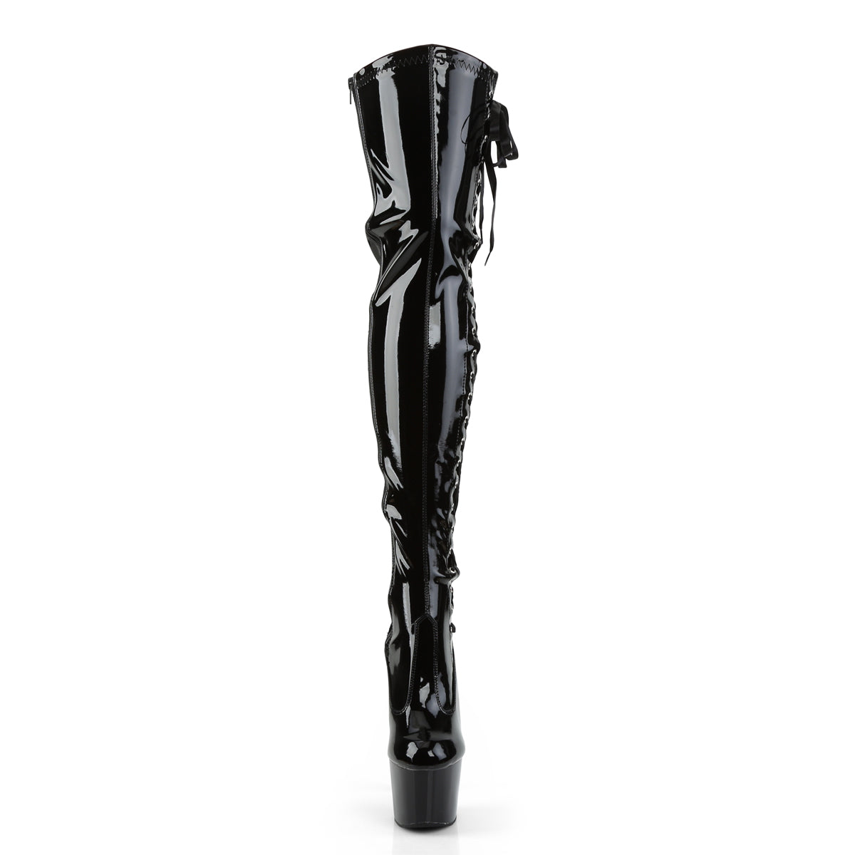 ADORE-3050 7" Heel, 2 3/4" PF Thigh Boot w/Side Ribbon Lace, Side Zip