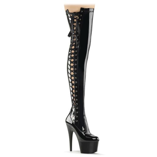 ADORE-3050 7" Heel, 2 3/4" PF Thigh Boot w/Side Ribbon Lace, Side Zip