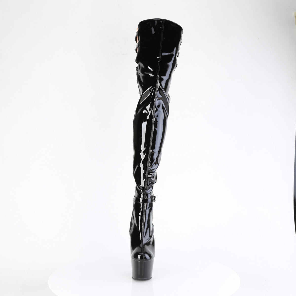 ADORE-3055 7" Heel, 2 3/4" PF Stretch Buckle Strap Thigh Boot, Side Zip