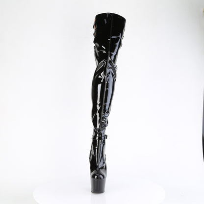 ADORE-3055 7" Heel, 2 3/4" PF Stretch Buckle Strap Thigh Boot, Side Zip