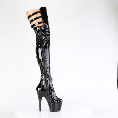ADORE-3055 7" Heel, 2 3/4" PF Stretch Buckle Strap Thigh Boot, Side Zip