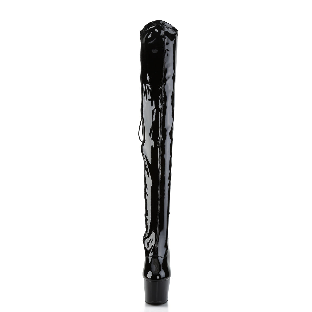 ADORE-3063 7" Heel, 2 3/4" PF Rear Lace-Up Stretch Thigh Boot, Side Zip
