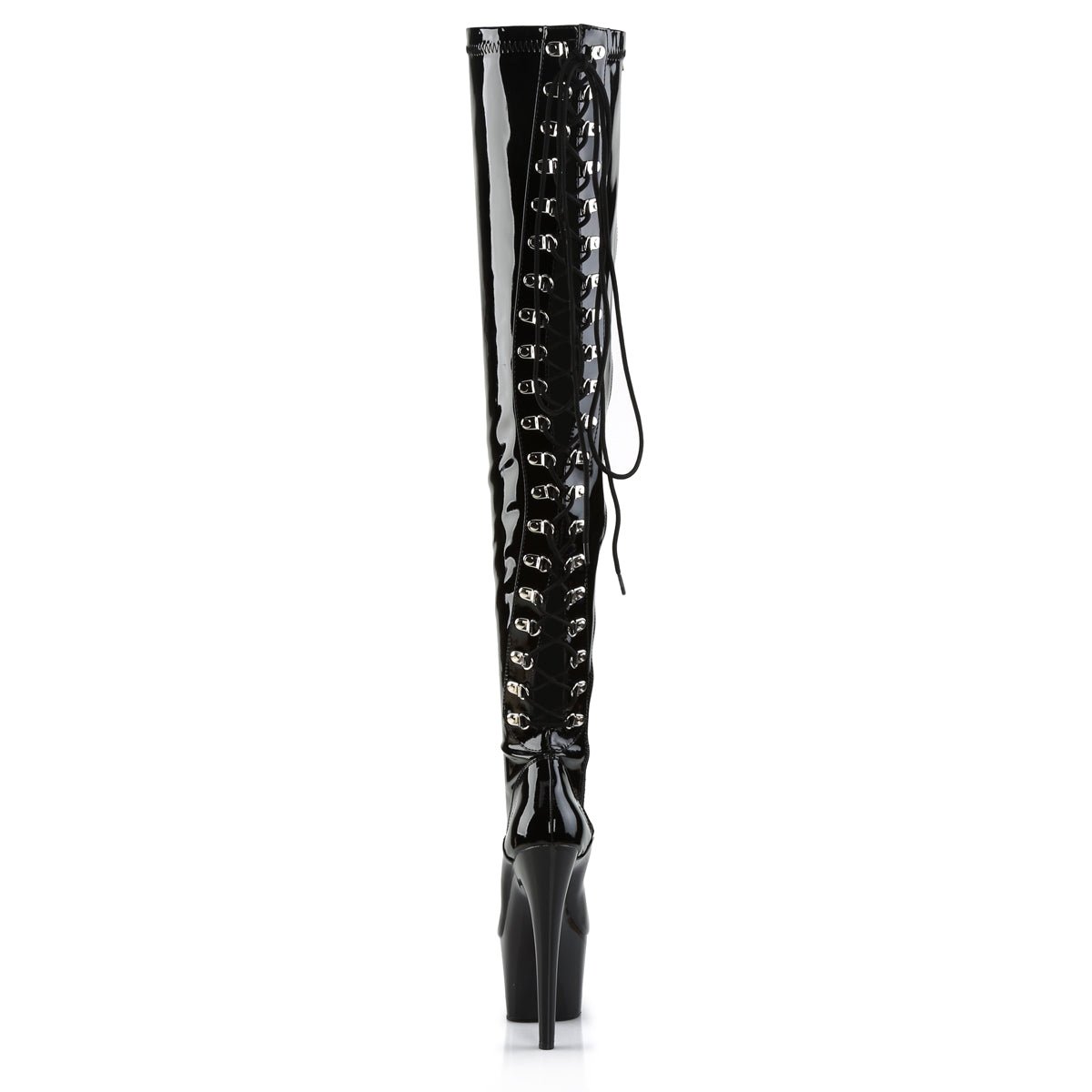 ADORE-3063 7" Heel, 2 3/4" PF Rear Lace-Up Stretch Thigh Boot, Side Zip