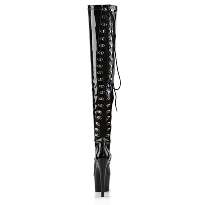 ADORE-3063 7" Heel, 2 3/4" PF Rear Lace-Up Stretch Thigh Boot, Side Zip