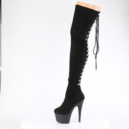 ADORE-3063 7" Heel, 2 3/4" PF Rear Lace-Up Stretch Thigh Boot, Side Zip