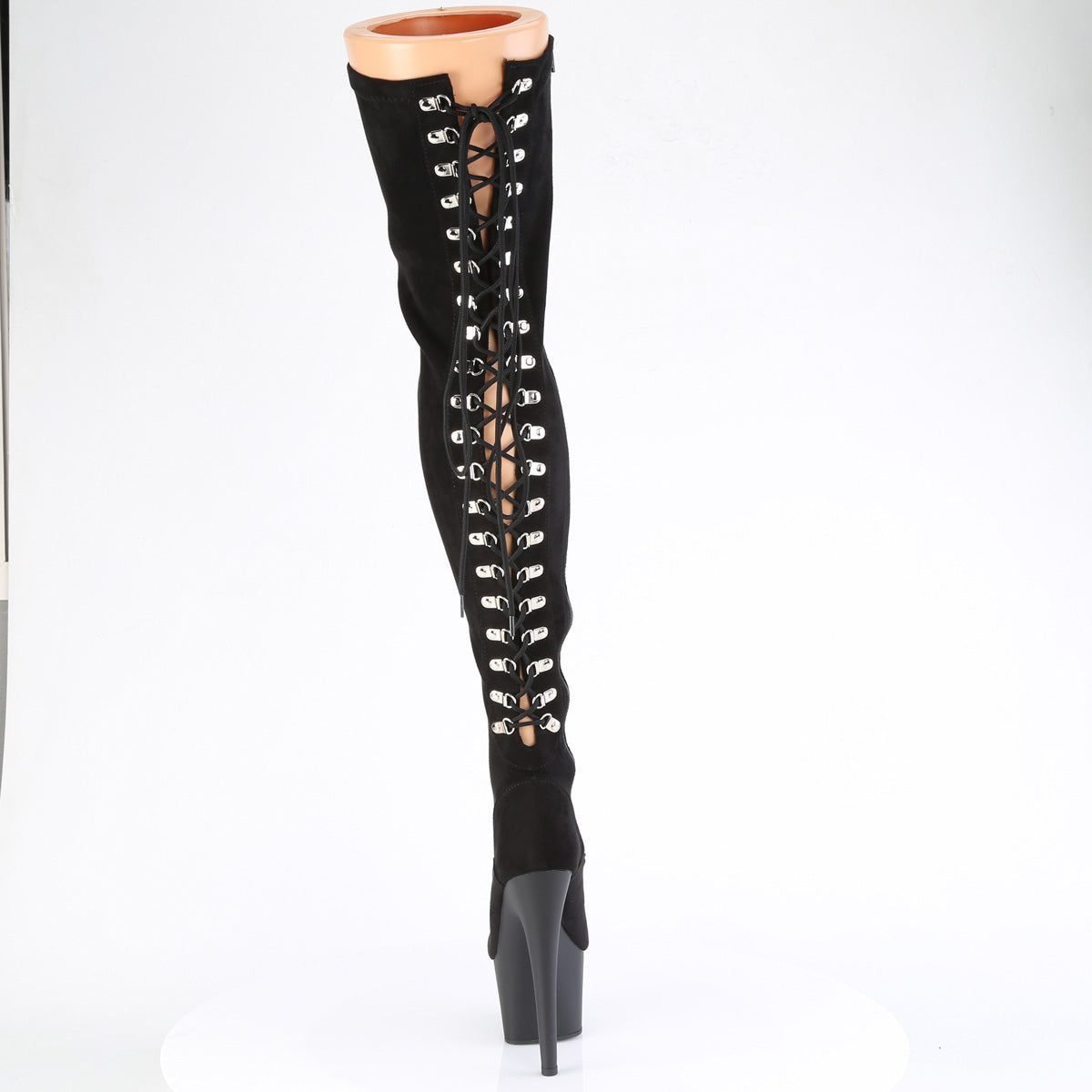 ADORE-3063 7" Heel, 2 3/4" PF Rear Lace-Up Stretch Thigh Boot, Side Zip