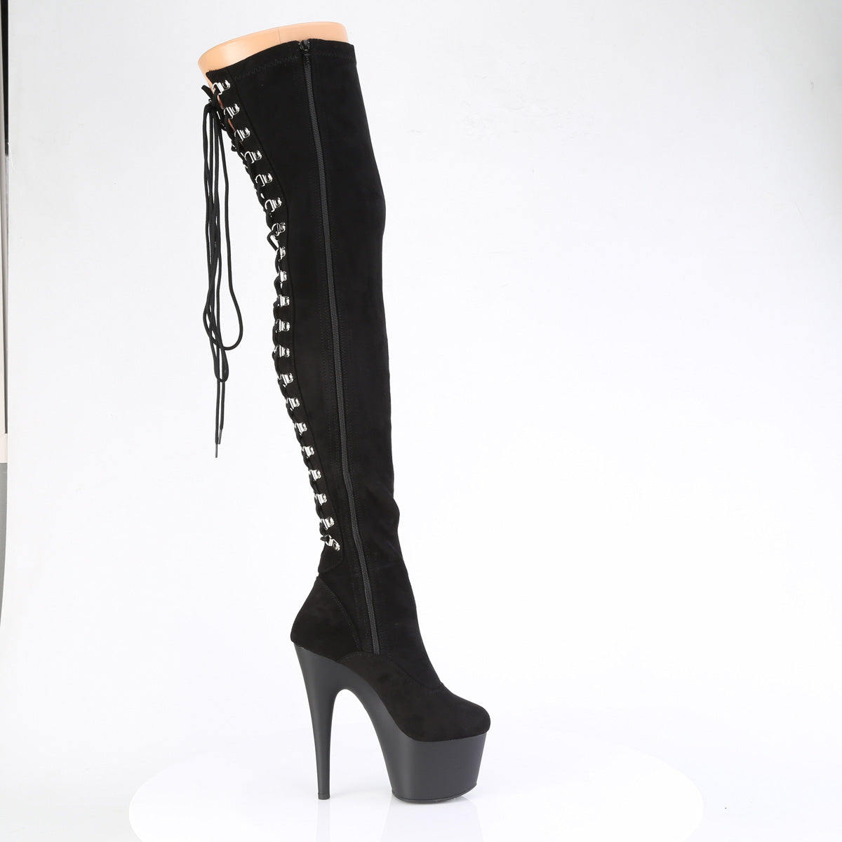 ADORE-3063 7" Heel, 2 3/4" PF Rear Lace-Up Stretch Thigh Boot, Side Zip