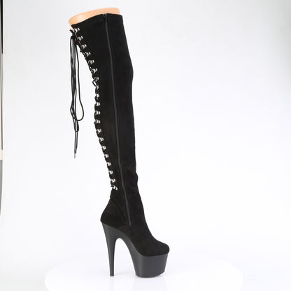 ADORE-3063 7" Heel, 2 3/4" PF Rear Lace-Up Stretch Thigh Boot, Side Zip