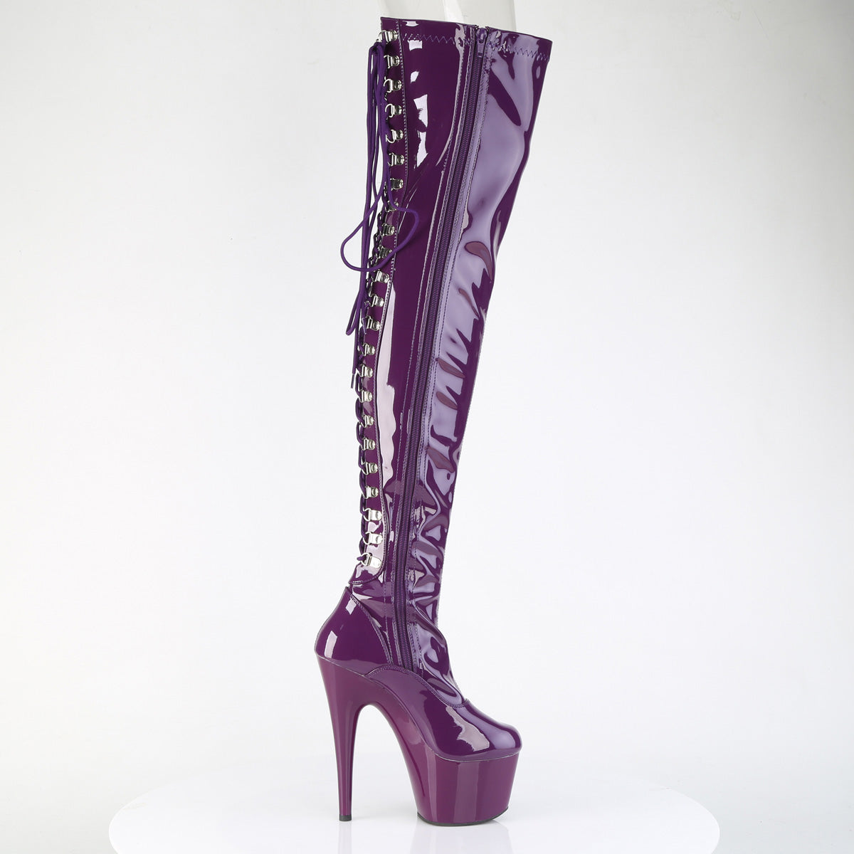 ADORE-3063 *7" Heel, 2 3/4" PF Lace-Up Back Stretch Thigh Boot,Side Zip