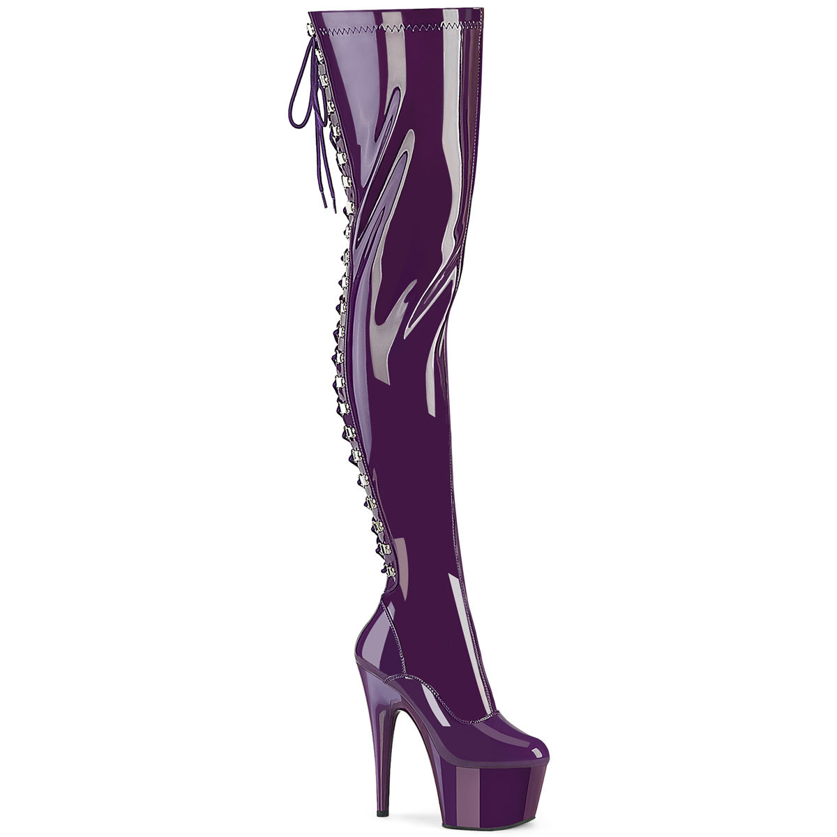ADORE-3063 *7" Heel, 2 3/4" PF Lace-Up Back Stretch Thigh Boot,Side Zip