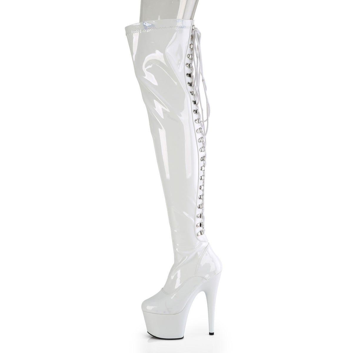 ADORE-3063 7" Heel, 2 3/4" PF Lace-Up Back Stretch Thigh Boot, Side Zip