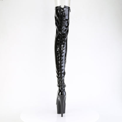 ADORE-3850 7" Heel, 2 3/4" PF Lace-Up Back Stretch Thigh Boot, Side Zip